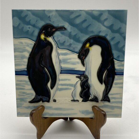 Art Tile Decorative Trivet Hanging Wall Penguins raise relief handpainted 8 x 8 - Picture 3 of 10